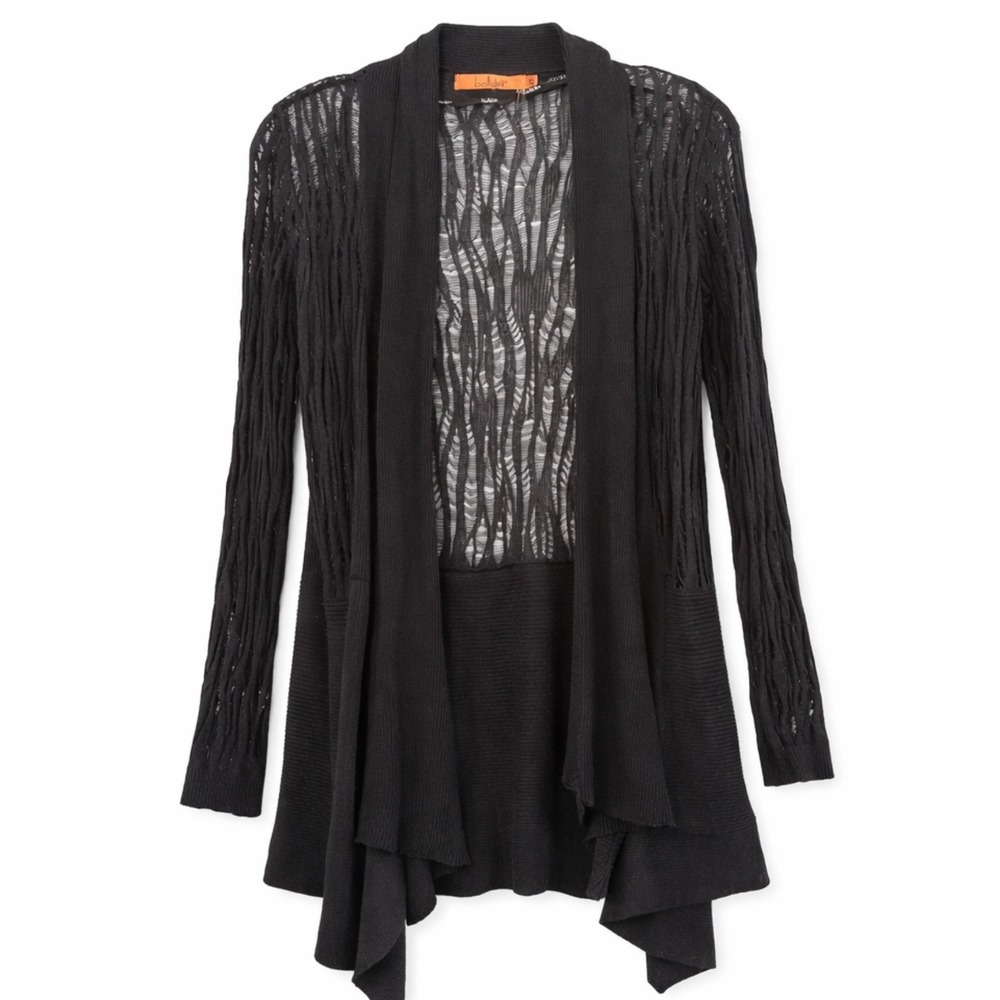 Belldini Black Open Front Cardigan Distressed Knit Lace  Handkerchief Hem Goth S